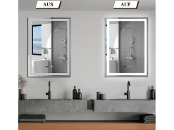 Best NETTLIFE Espejo de baño con luz LED - 60x80 cm LED, mural, IP44, interruptor táctil, reloj, ajustable Transparente