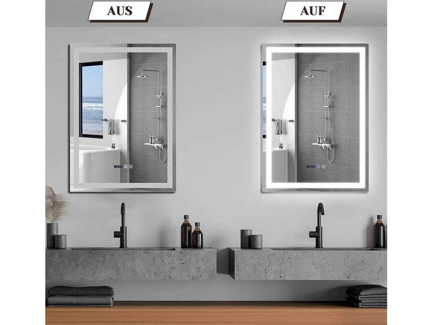 Best NETTLIFE Espejo de baño con luz LED - 60x80 cm LED, mural, IP44, interruptor táctil, reloj, ajustable Transparente