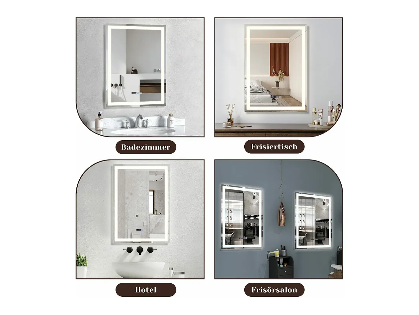 Best NETTLIFE Espejo de baño con luz LED - 60x80 cm LED, mural, IP44, interruptor táctil, reloj, ajustable Transparente