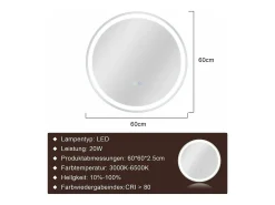 NETTLIFE Espejo de baño con luz LED - Redondo 60 cm LED, mural, interruptor táctil, antineblina, IP44, ajustable 3000K-6500K Transparente Hot