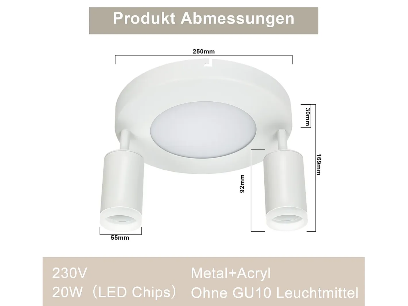 NETTLIFE Plafón-Foco de techo 2 bombillas GU10 20W dormitorio 3000k Giratorio 350° metal Blanco