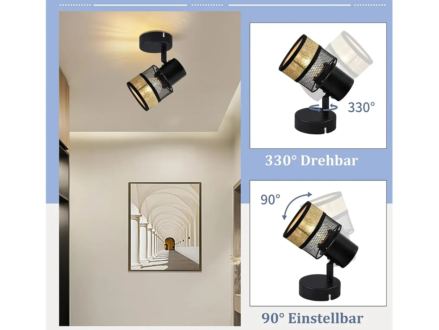 NETTLIFE Plafón-Foco de techo 1 bombilla pasillo metal vintage dorado E27 LED máx. 40W orientable 330° Negro