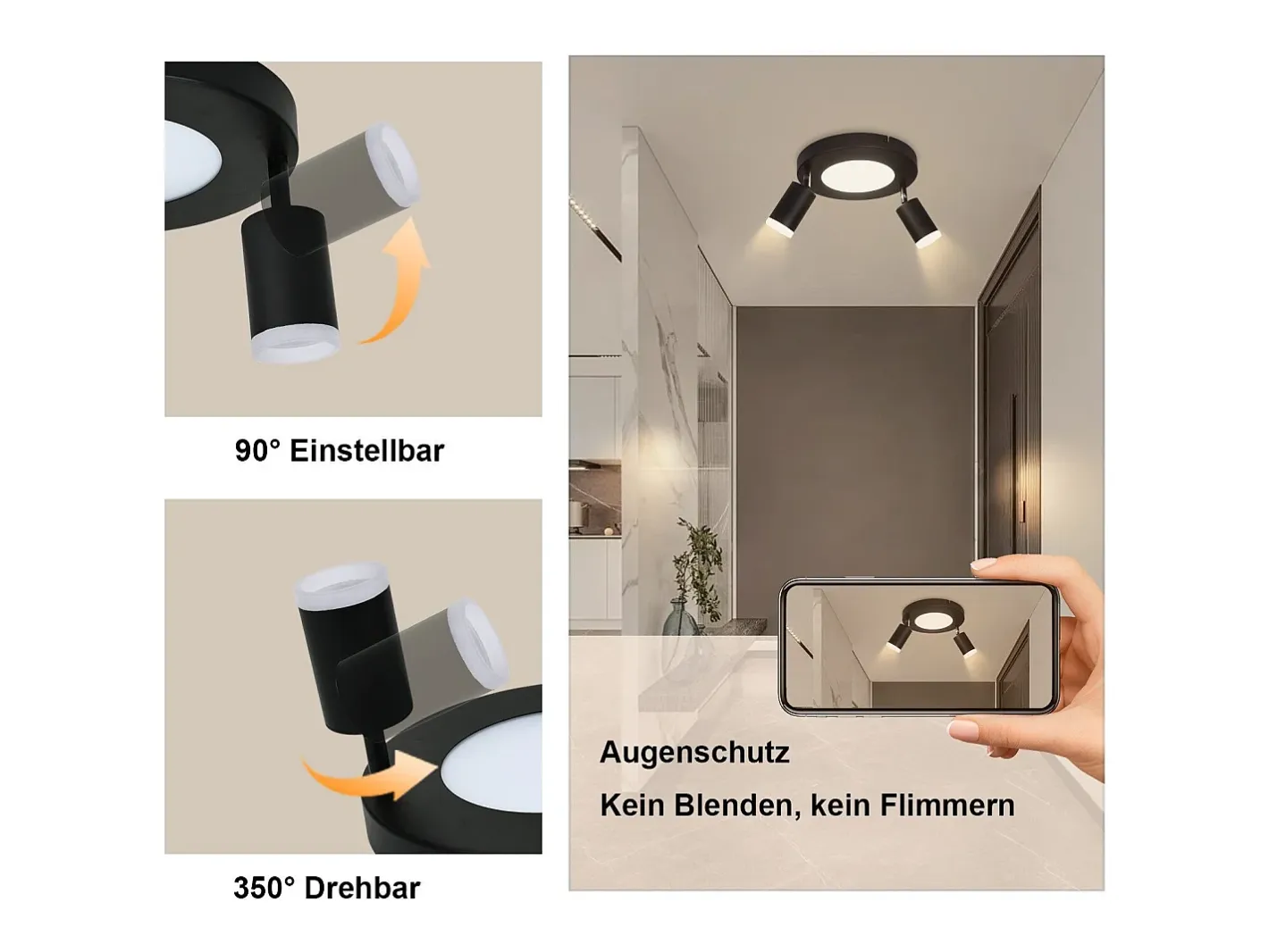 NETTLIFE Foco de techo 2 focos 3000K protección ocular fácil instalación orientable 350° GU10 Negro Clearance