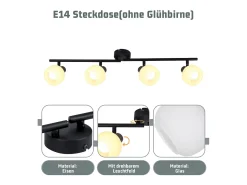 NETTLIFE Foco de techo blanco E14 Lámpara de techo 4 bombillas Pantalla de cristal interior Foco ajustable Negro Sale