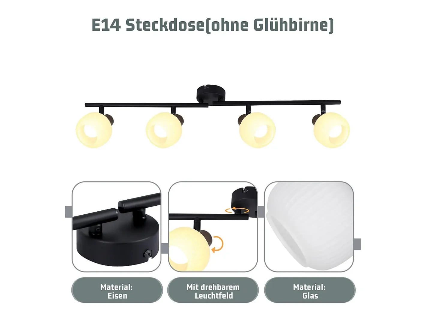 NETTLIFE Foco de techo blanco E14 Lámpara de techo 4 bombillas Pantalla de cristal interior Foco ajustable Negro Sale