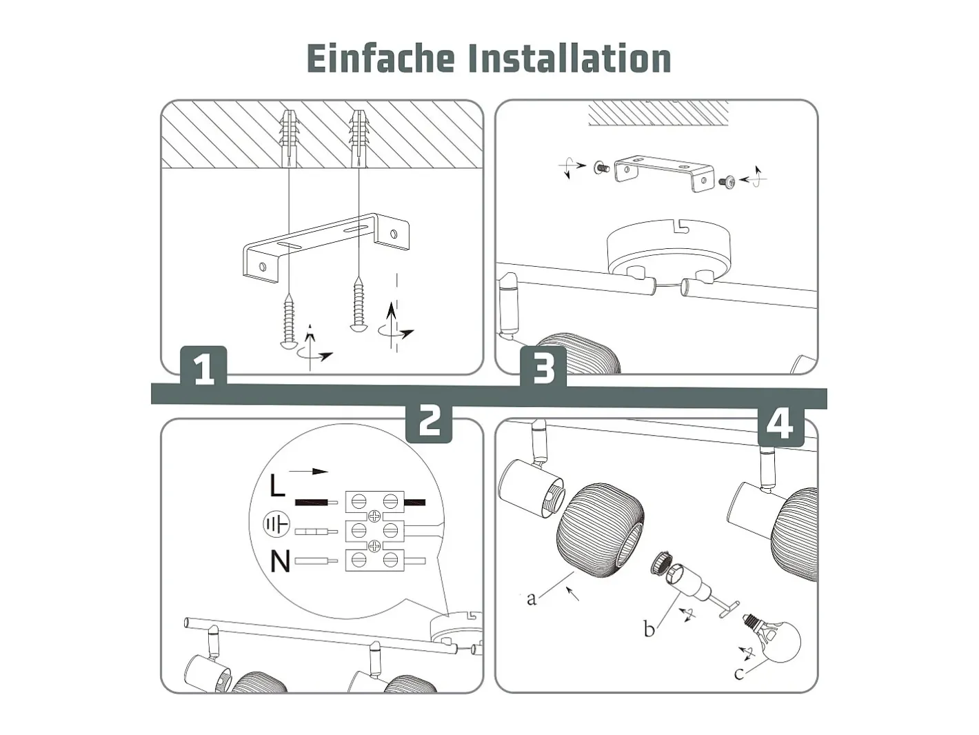 NETTLIFE Foco de techo blanco E14 Lámpara de techo 4 bombillas Pantalla de cristal interior Foco ajustable Negro Sale