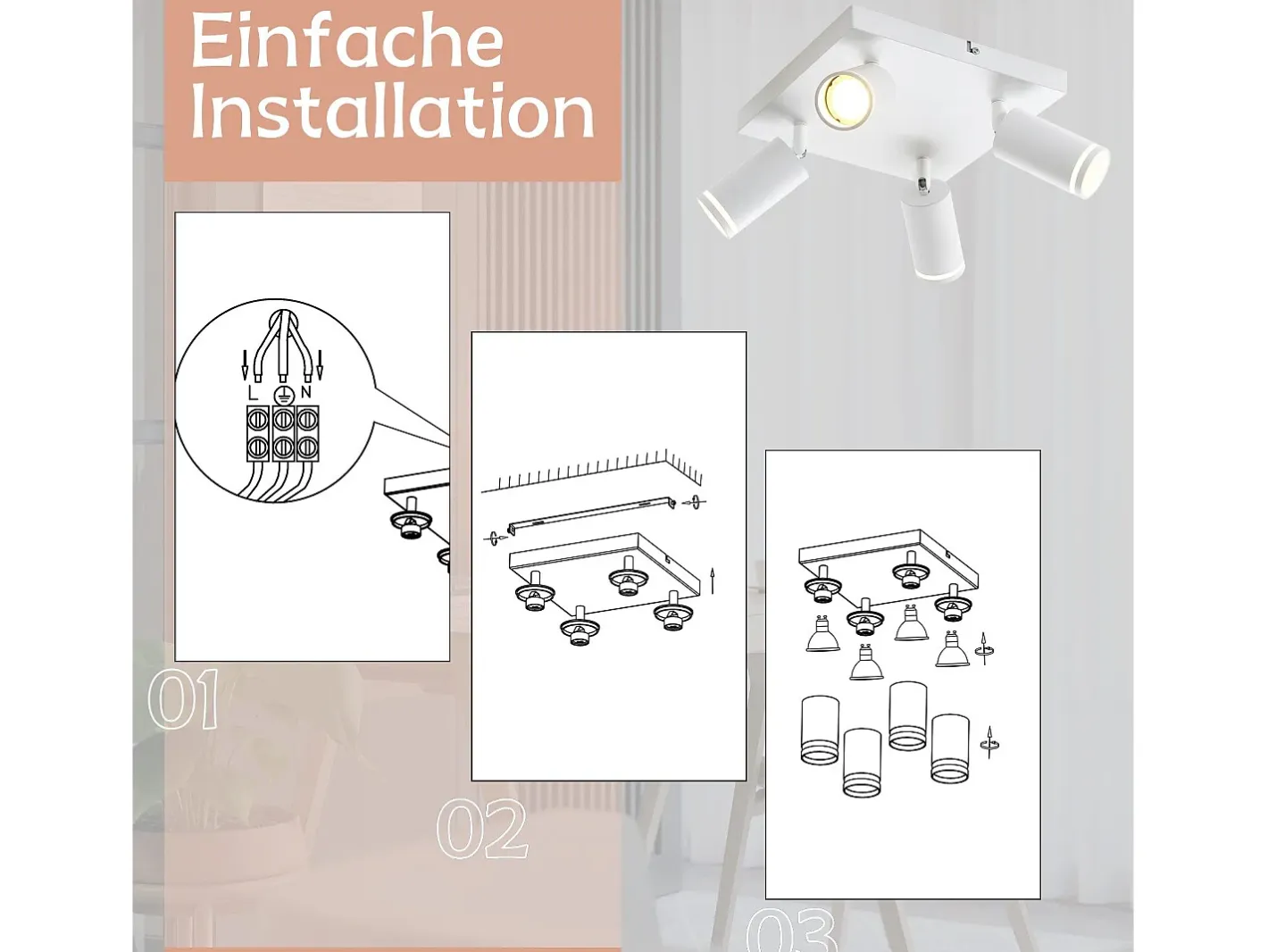 NETTLIFE Foco de techo , 4 bombillas, foco GU10 moderno, orientables, para interior, de metal. Blanco Sale