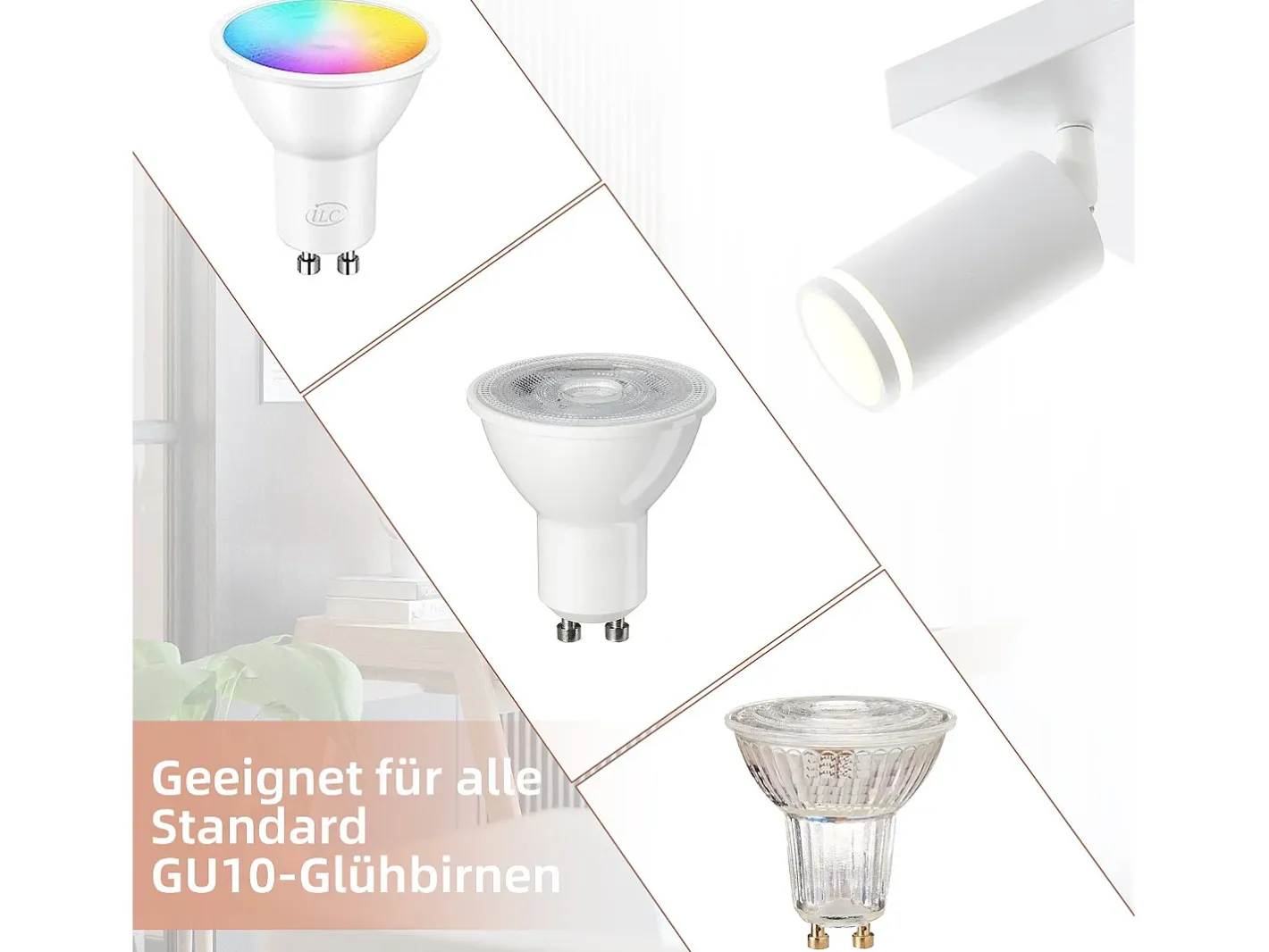NETTLIFE Foco de techo , 4 bombillas, foco GU10 moderno, orientables, para interior, de metal. Blanco Sale