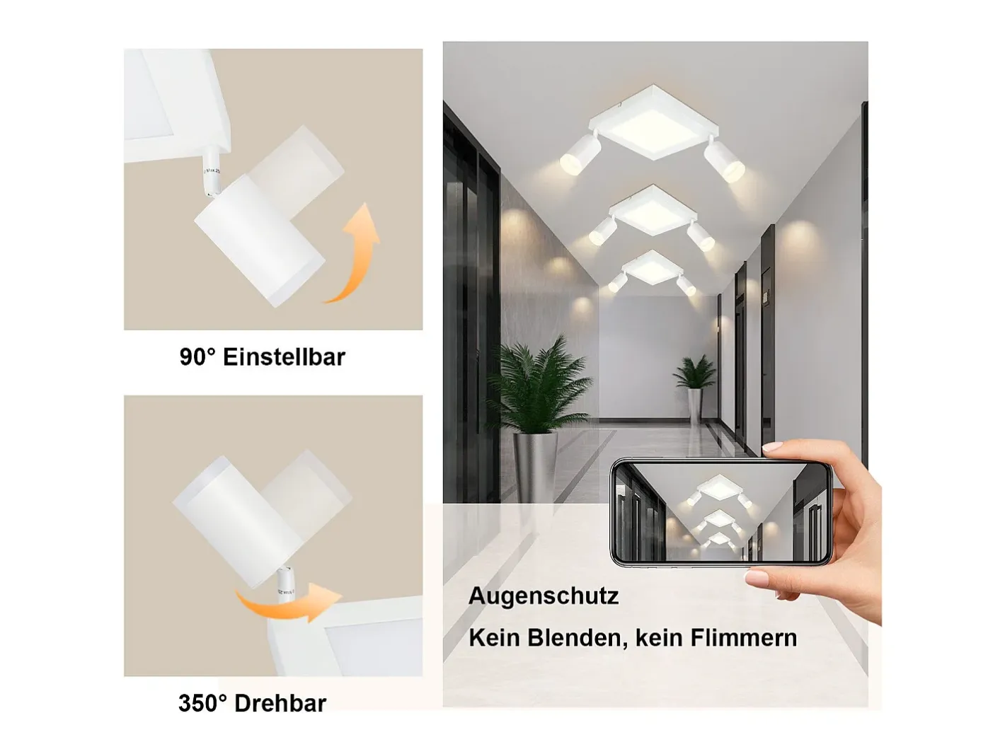Sale NETTLIFE Foco de techo cuadrado GU10 3000k cálido 20W Lámpara de dormitorio ajustable 350° cálido Blanco