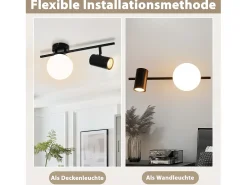 NETTLIFE Foco de techo de 2 llamas Lámpara de techo moderna con GU10 Giratoria 40CM Metal Bola de cristal E14 Negro Hot