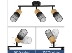 NETTLIFE Foco de techo de madera E14, lámpara de techo orientable 350°, foco de pared sin bombilla Negro Hot