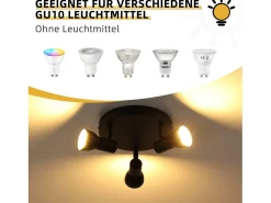 NETTLIFE Plafón-Foco de techo de 3 llamas, lámpara de techo negra, diseño moderno, focos de techo redondos, metal GU10 Negro