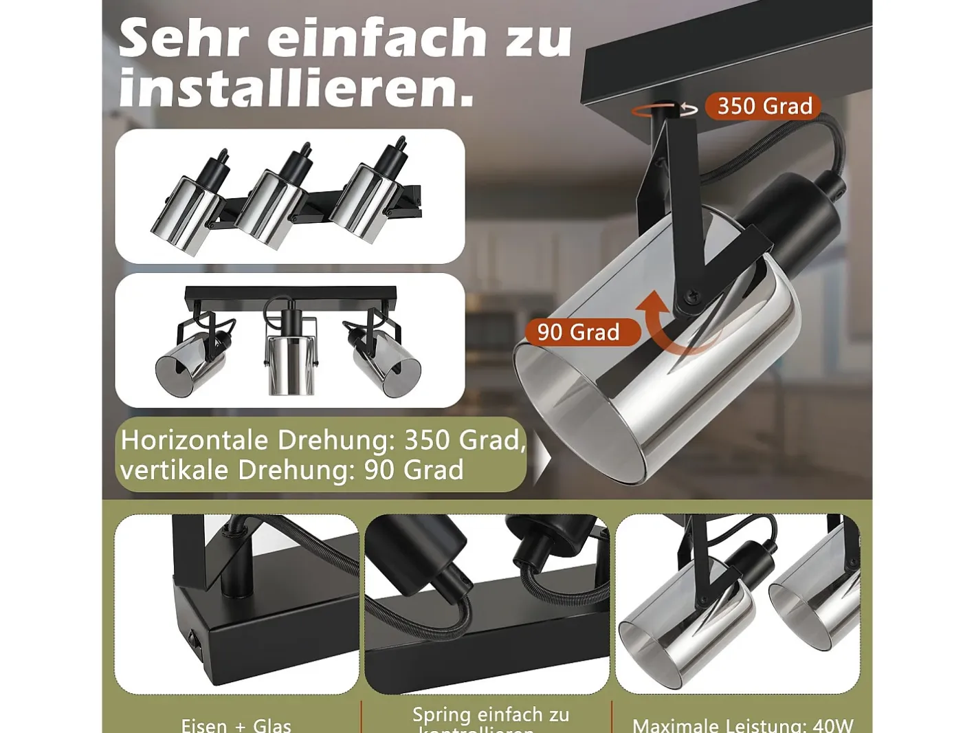 Hot NETTLIFE Foco de techo. Focos de techo negros, 3 bombillas orientables 350° E14, focos de vidrio. Gris