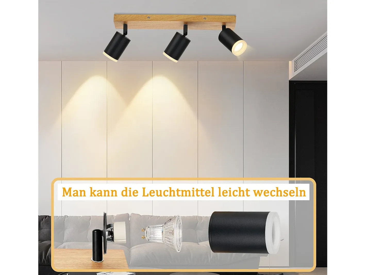 NETTLIFE Foco de techo Focos de techo s GU10 Foco de pared de madera giratorio 350° Negro Clearance