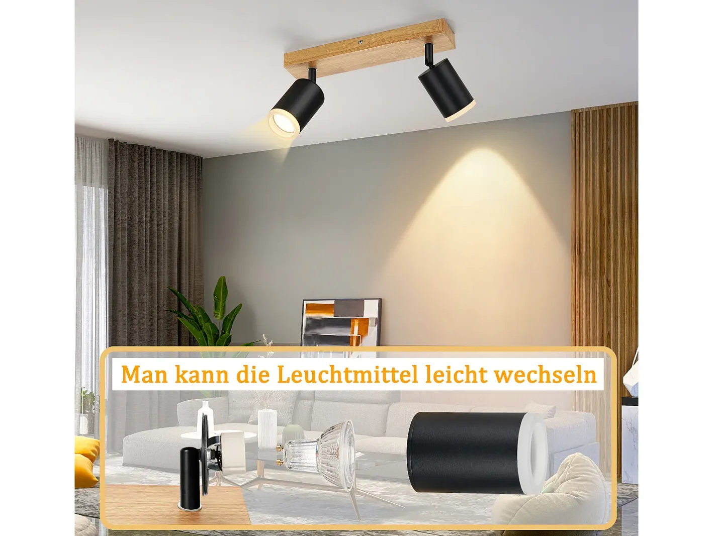 Outlet NETTLIFE Foco de techo GU10 Foco de pared de madera giratorio sin bombilla 350° Negro