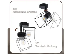 NETTLIFE Plafón-Foco de techo E14 ajustable 350° Lámpara de techo vintage de metal para sala de estar Negro