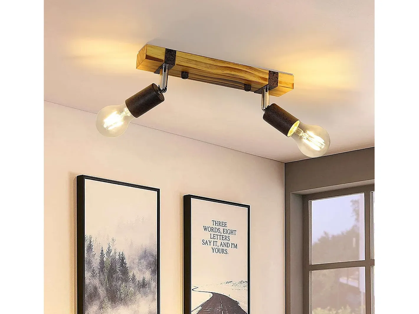 NETTLIFE Plafón-Foco de techo retro 2 lámparas regulables con viga de madera, LED orientable, intercambiable Amarillo