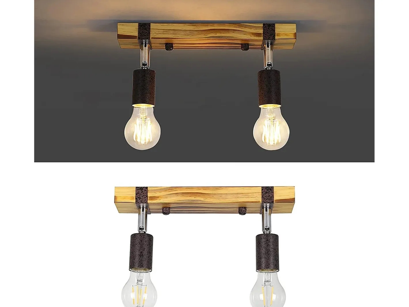 NETTLIFE Plafón-Foco de techo retro 2 lámparas regulables con viga de madera, LED orientable, intercambiable Amarillo