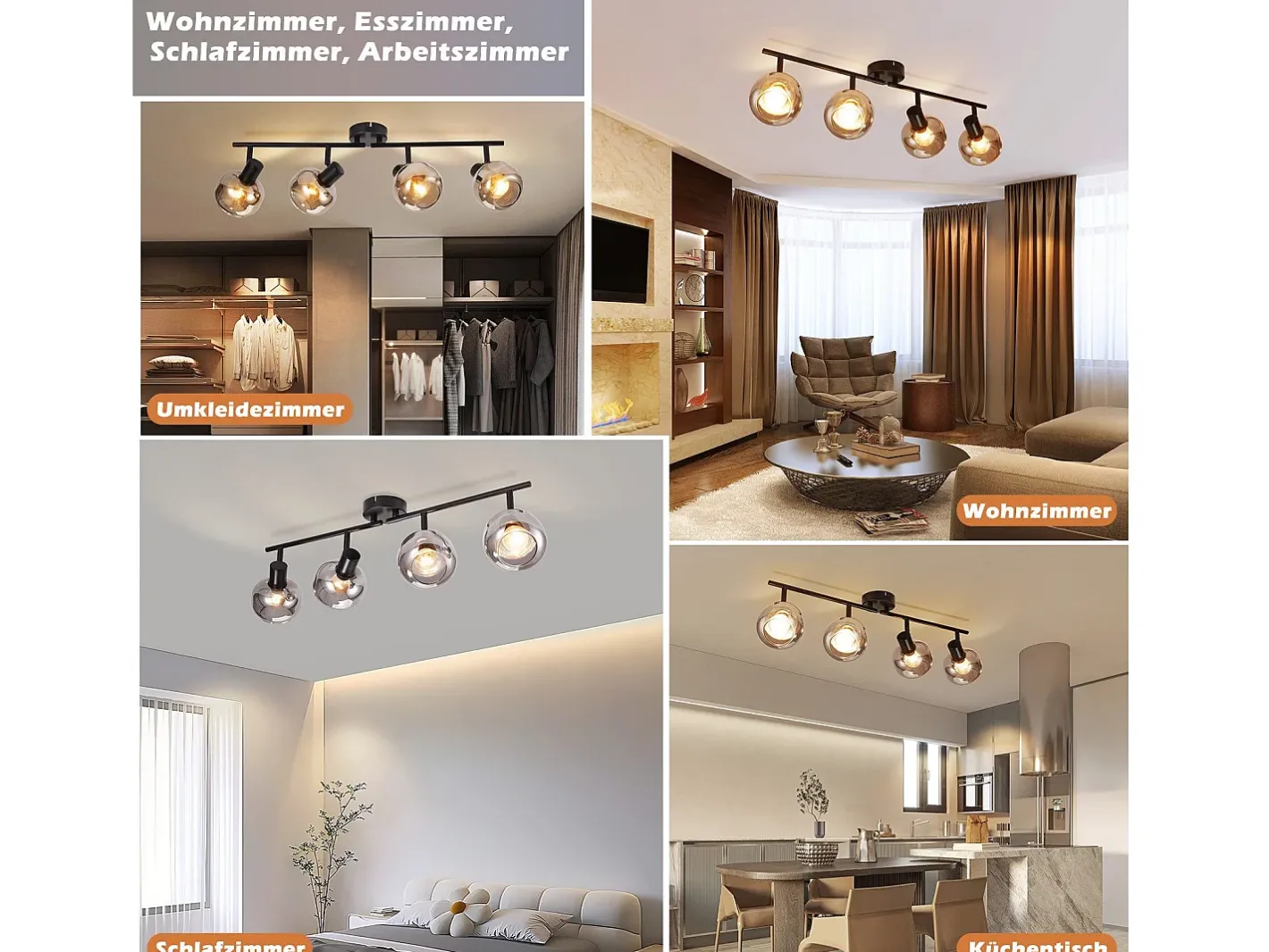 NETTLIFE Plafón-Foco de techo vintage para salón en cristal ahumado 4 E14 orientable 350° Gris