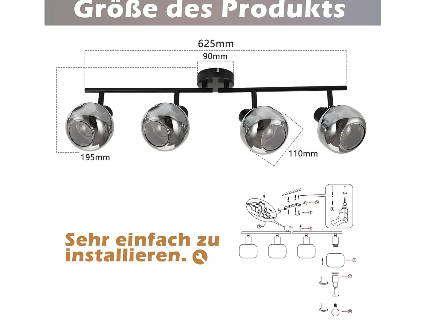 NETTLIFE Plafón-Foco de techo vintage para salón en cristal ahumado 4 E14 orientable 350° Gris