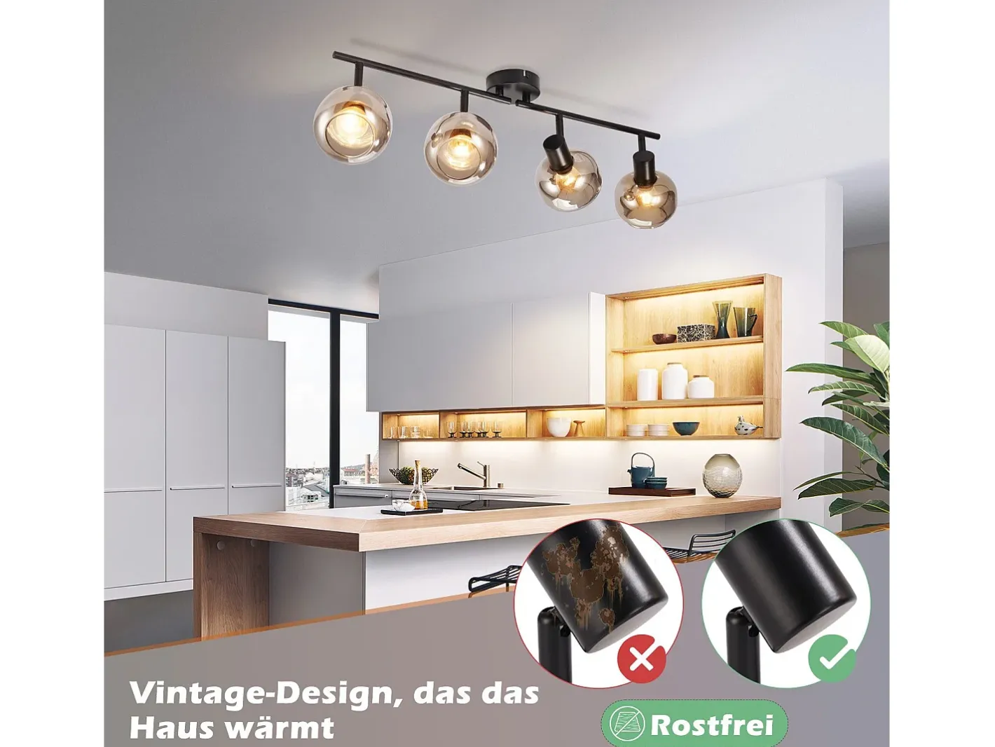 NETTLIFE Plafón-Foco de techo vintage para salón en cristal ahumado 4 E14 orientable 350° Gris