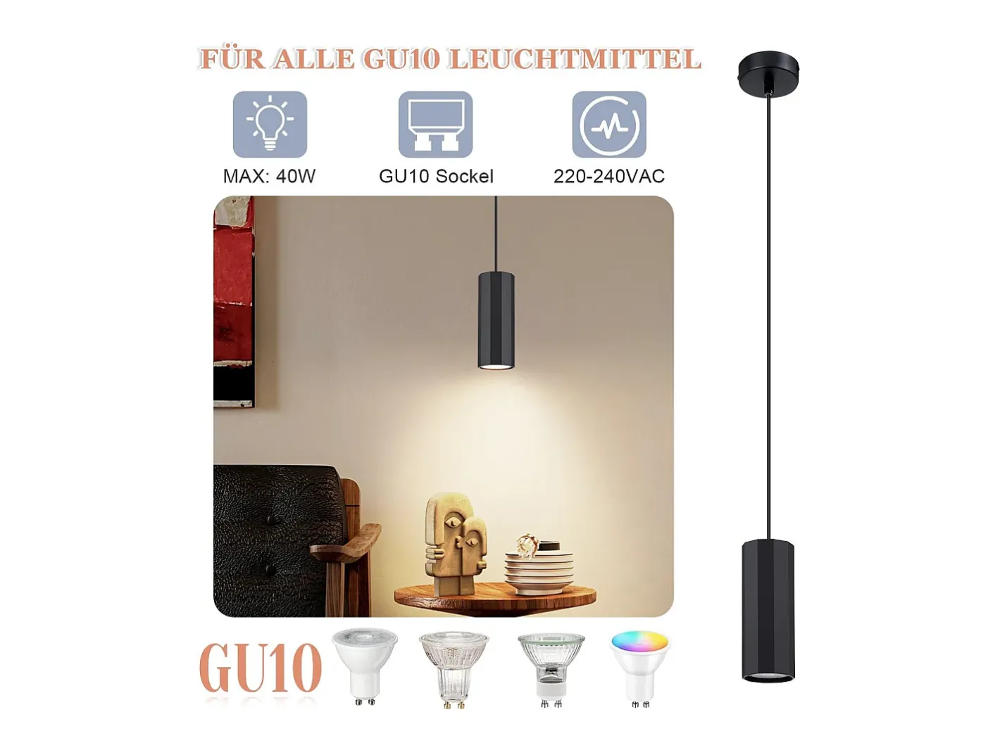 NETTLIFE Lámpara Suspendida-Lámpara colgante de metal diámetro 170 cm GU10 1 llama moderna sala de estar industrial para interior cocina dormitorio Negro