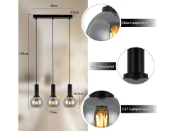 NETTLIFE Lámpara colgante vintage de 3 llamas de cristal E27, lámpara de comedor de altura ajustable industrial Negro Best