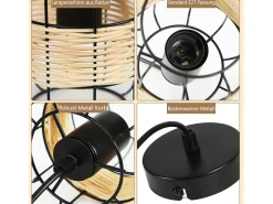 NETTLIFE Lámpara Colgante de Metal Diam.25cm E27 Vintage Rústica Redonda 3 Bombillas Lámpara de de Metal Natural de Ratán Retro para Dormitorio Negro