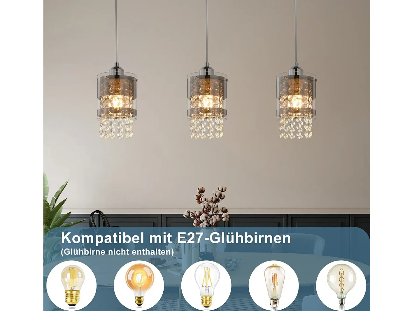 Sale NETTLIFE Lámpara colgante moderna de 3 bombillas E27, diámetro de 60 cm, altura ajustable, cristal y cristal, para comedor, máx. 25 W. Plateado
