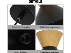 NETTLIFE Lámpara Suspendida-Lámpara colgante vintage para comedor, 2 lámparas colgantes negras, lámpara colgante industrial E27, metal retro Negro