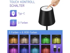 NETTLIFE Lámpara de cabecera con batería inalámbrica,2 piezas - LED RGB 2600 mhA Lámpara de mesa para exteriores Lámpara de batería USB TIPO C negra Negro Outlet