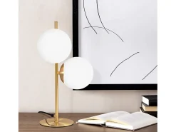 NETTLIFE lámpara de mesa / lámpara de cabecera moderna y industrial dorada, 2 bombillas con interruptor, diseño de metal y vidrio , E27. Blanco