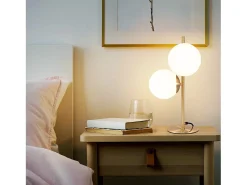 NETTLIFE lámpara de mesa / lámpara de cabecera moderna y industrial dorada, 2 bombillas con interruptor, diseño de metal y vidrio , E27. Blanco
