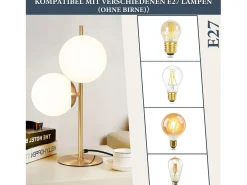 NETTLIFE lámpara de mesa / lámpara de cabecera moderna y industrial dorada, 2 bombillas con interruptor, diseño de metal y vidrio , E27. Blanco