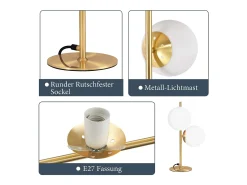 NETTLIFE lámpara de mesa / lámpara de cabecera moderna y industrial dorada, 2 bombillas con interruptor, diseño de metal y vidrio , E27. Blanco