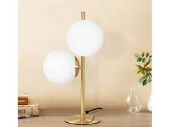 NETTLIFE lámpara de mesa / lámpara de cabecera moderna y industrial dorada, 2 bombillas con interruptor, diseño de metal y vidrio , E27. Blanco