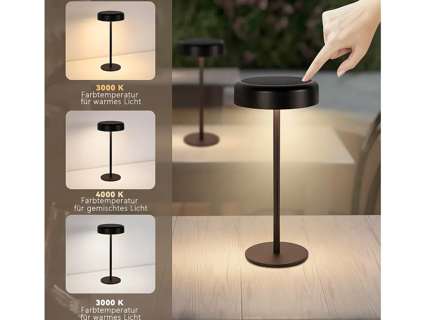 NETTLIFE Lámpara De Mesa-Lámpara de mesa con batería solar lámpara de noche LED inalámbrica recargable de 3600 mhA táctil regulable lámpara negra con batería USB Negro
