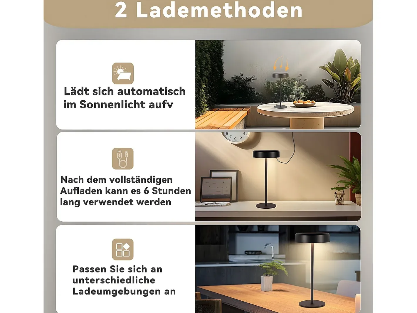 NETTLIFE Lámpara De Mesa-Lámpara de mesa con batería solar lámpara de noche LED inalámbrica recargable de 3600 mhA táctil regulable lámpara negra con batería USB Negro
