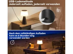 NETTLIFE Lámpara De Mesa-Lámpara de mesa con batería, lámpara de noche LED inalámbrica de 3600 mhA, lámpara táctil regulable con batería negra recargable por USB Negro