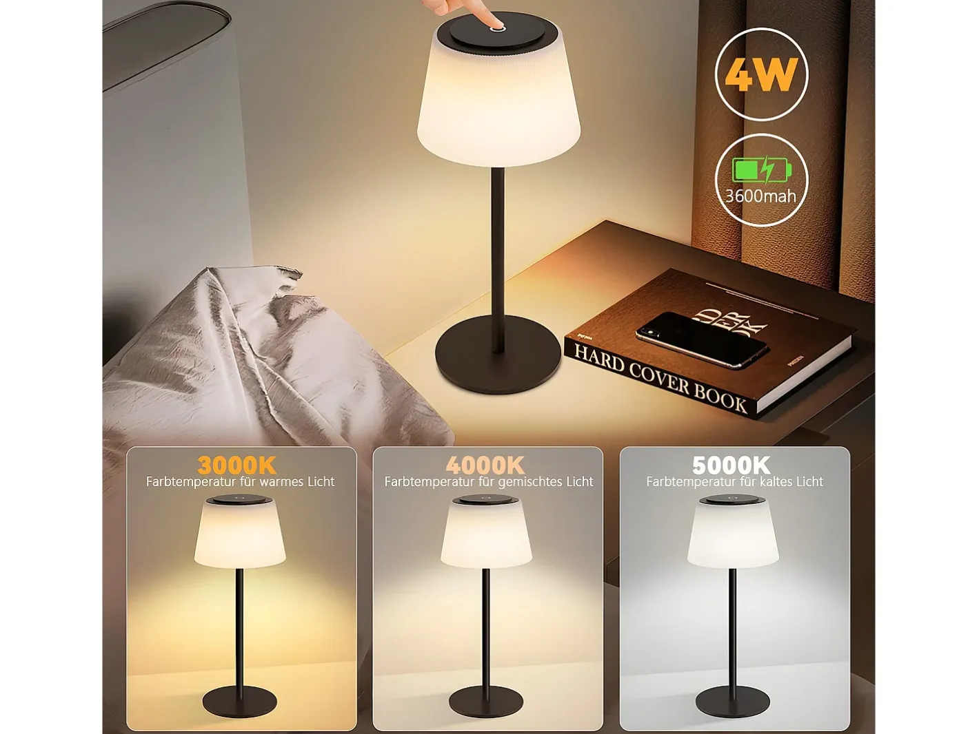NETTLIFE Lámpara de mesa inalámbrica, lámpara de noche, batería - Lámpara de mesa LED táctil, lámpara regulable con USB recargable, negra, 3600 mhA Negro Online
