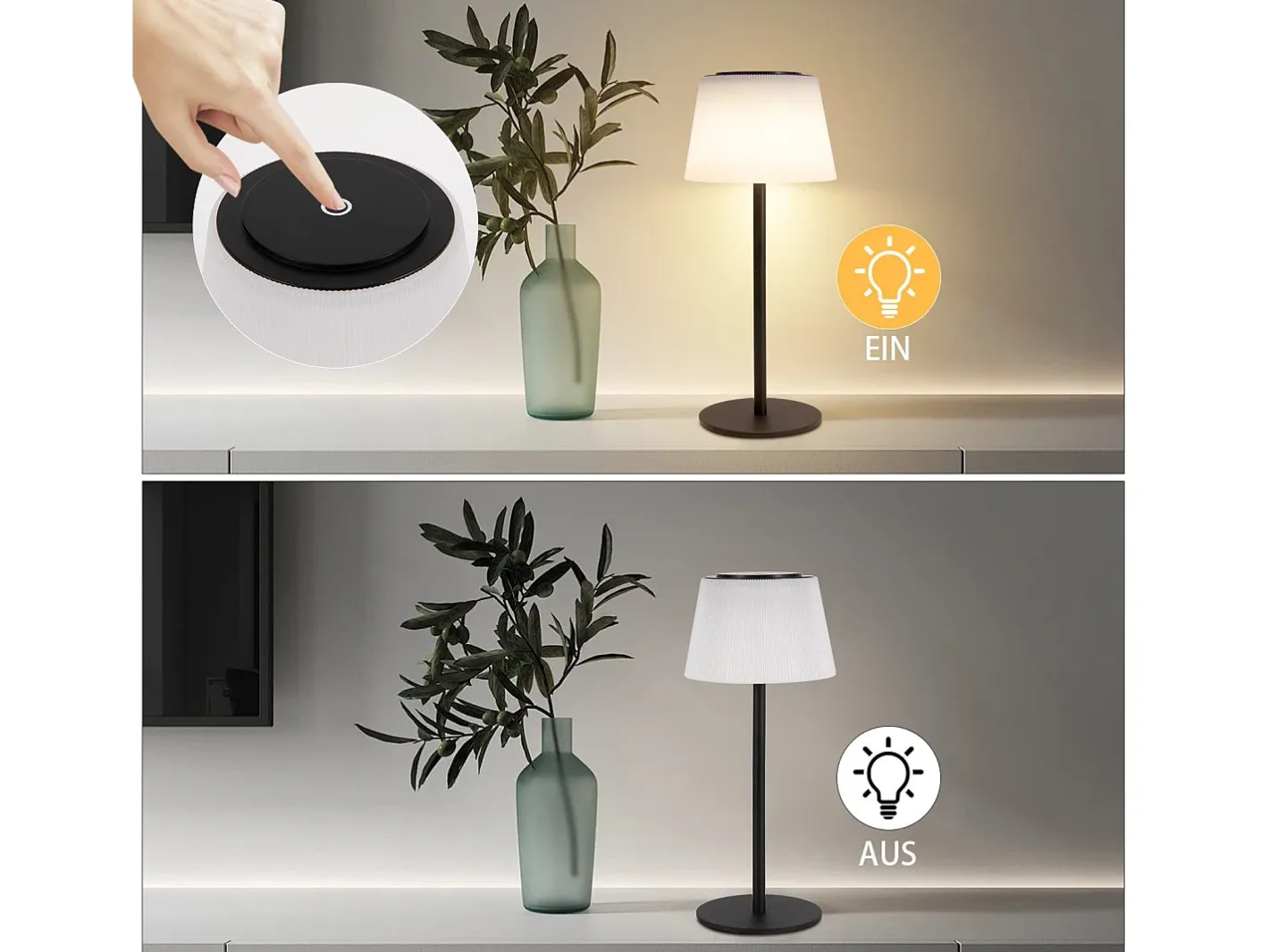 NETTLIFE Lámpara de mesa inalámbrica, lámpara de noche, batería - Lámpara de mesa LED táctil, lámpara regulable con USB recargable, negra, 3600 mhA Negro Online