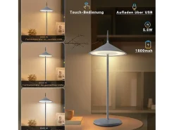 NETTLIFE Lámpara De Mesa-Lámpara de mesa inalámbrica, lámpara de noche LED con batería de 1800 mhA, recargable, táctil, regulable, moderna, IP44 con USB Gris