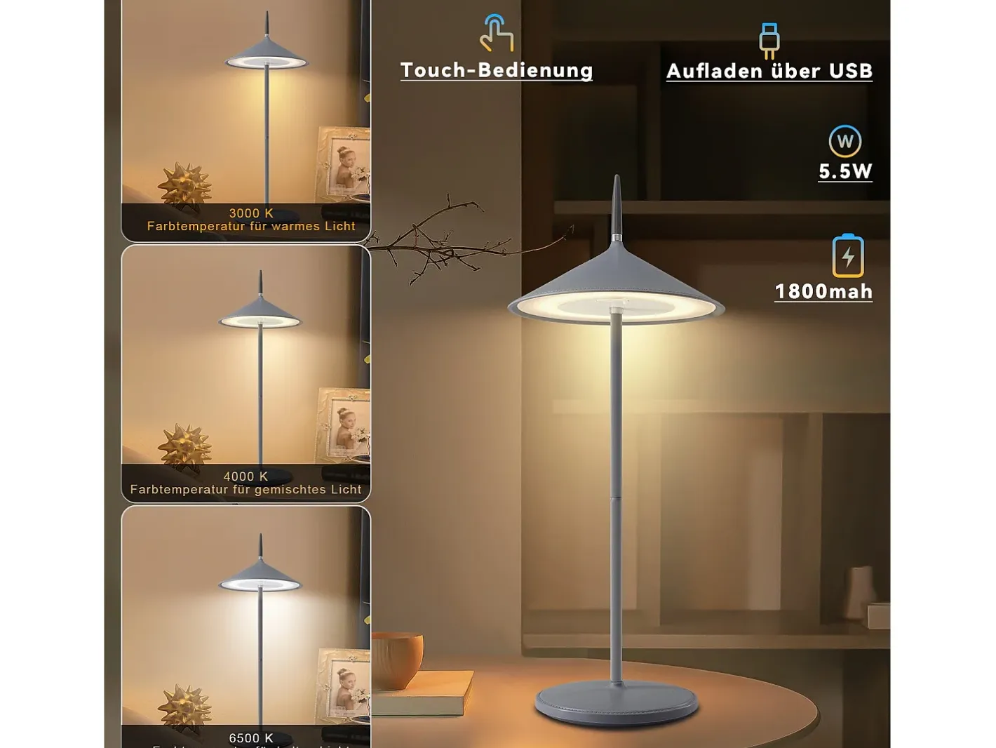 NETTLIFE Lámpara De Mesa-Lámpara de mesa inalámbrica, lámpara de noche LED con batería de 1800 mhA, recargable, táctil, regulable, moderna, IP44 con USB Gris