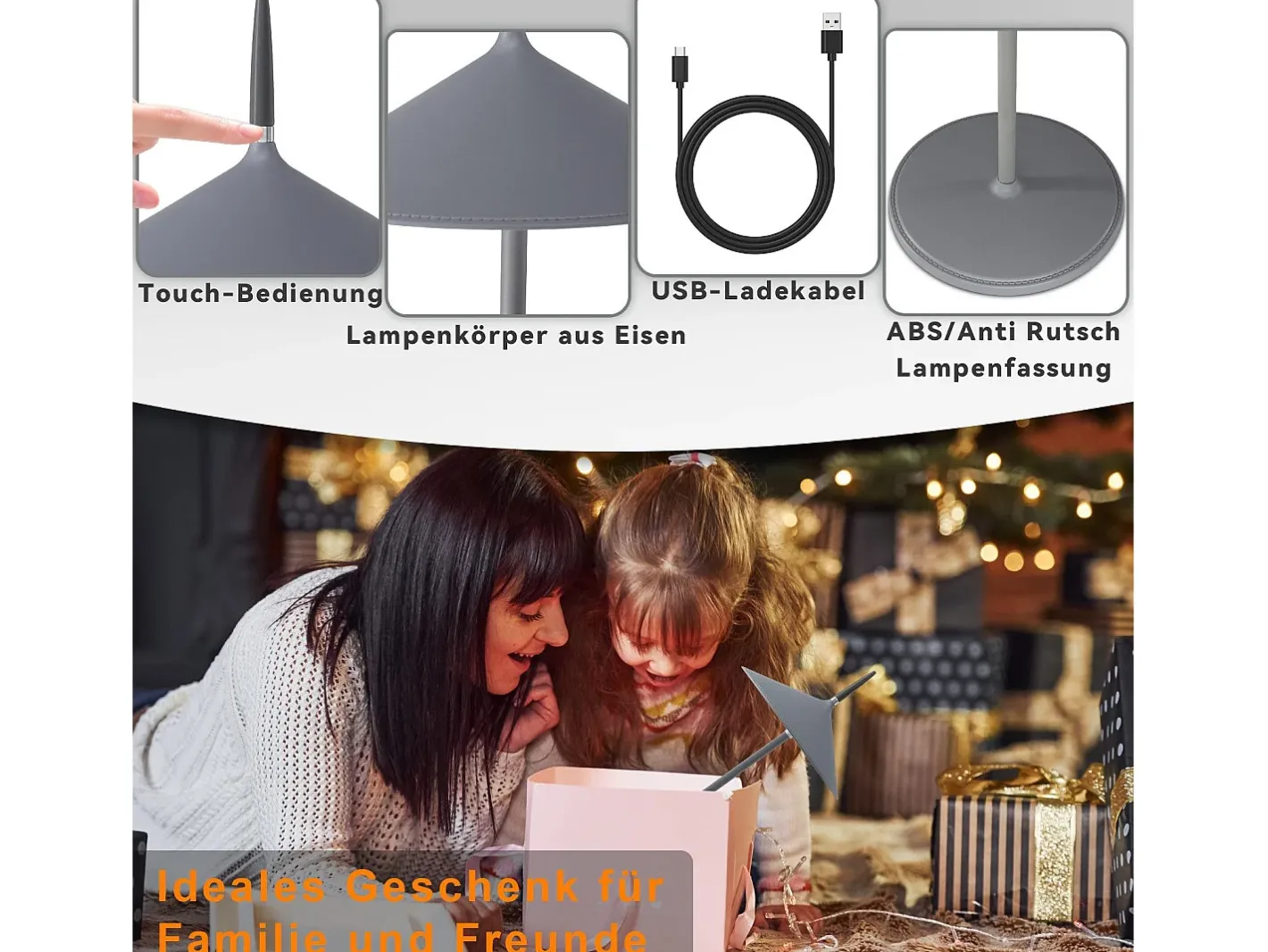 NETTLIFE Lámpara De Mesa-Lámpara de mesa inalámbrica, lámpara de noche LED con batería de 1800 mhA, recargable, táctil, regulable, moderna, IP44 con USB Gris