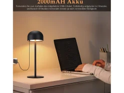 NETTLIFE Lámpara de mesa LED inalámbrica: lámpara de mesa regulable táctil con 3 temperaturas de color USB Negro New
