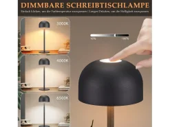 NETTLIFE Lámpara de mesa LED inalámbrica: lámpara de mesa regulable táctil con 3 temperaturas de color USB Negro New