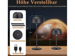 NETTLIFE Lámpara de mesa LED inalámbrica: lámpara de mesa regulable táctil con 3 temperaturas de color USB Negro New