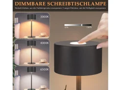 NETTLIFE Lámpara De Mesa-Lámpara de mesa LED inalámbrica: lámpara de mesa regulable táctil con 3 temperaturas de color, altura ajustable, USB Negro