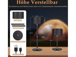 NETTLIFE Lámpara De Mesa-Lámpara de mesa LED inalámbrica: lámpara de mesa regulable táctil con 3 temperaturas de color, altura ajustable, USB Negro