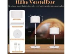 NETTLIFE Lámpara De Mesa-Lámpara de mesa LED inalámbrica (paquete de 2): lámpara de mesa regulable al tacto con 3 temperaturas de color, altura ajustable, USB Blanco
